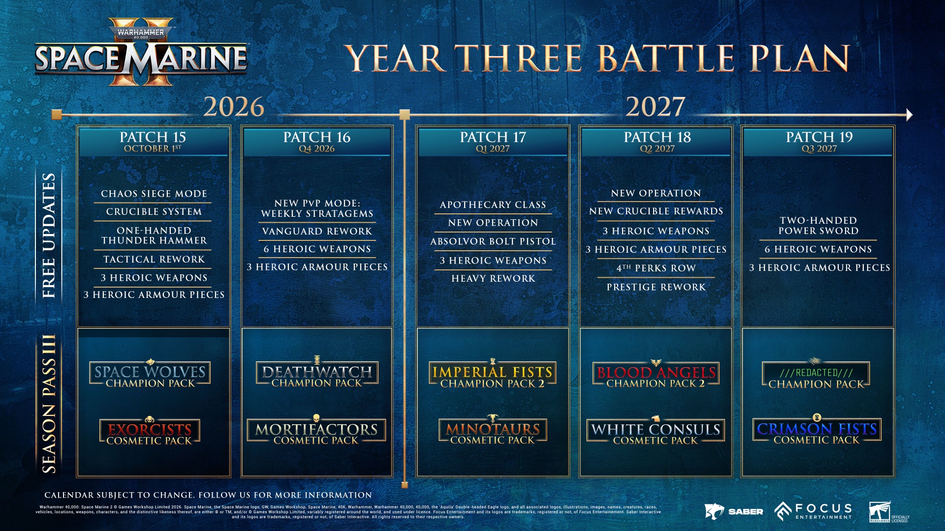 Official Space Marine 2 Year Three Battle Plan showing Patches 15 through 19 from October 2026 to Q3 2027