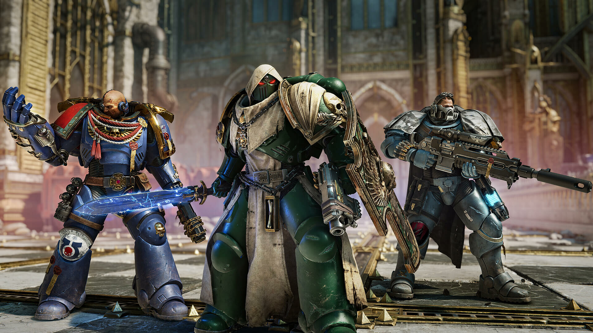 Three Space Marines display different armour and weapon styles in official artwork