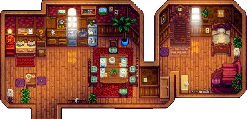 In-game view of Mayor Lewis's house interior, with the Lost and Found Box among the service objects on the left
