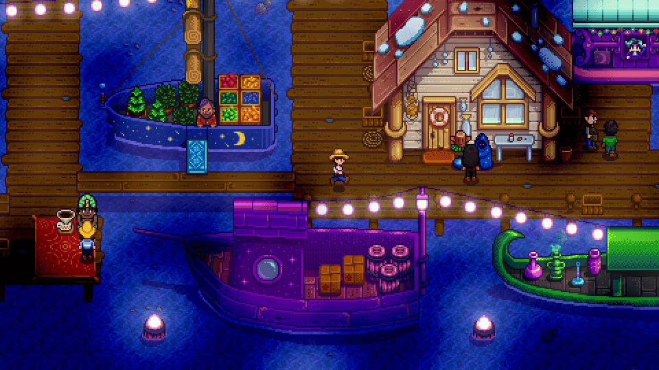 Official Stardew Valley screenshot of villagers attending the Night Market