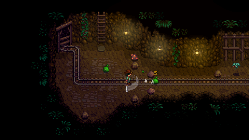 Official Stardew Valley screenshot of a miner breaking rocks beside mine tracks and slimes
