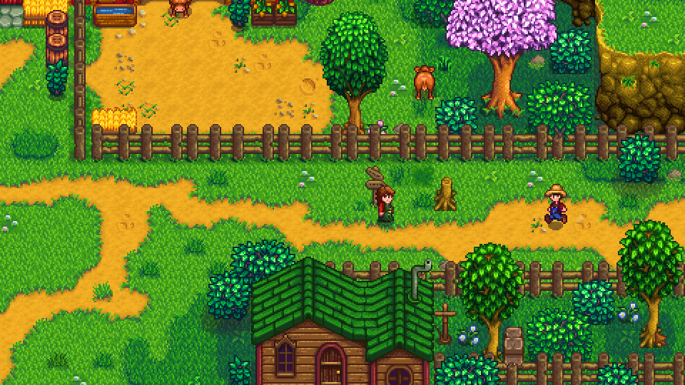 Official Stardew Valley screenshot of spring paths and villagers near Pelican Town