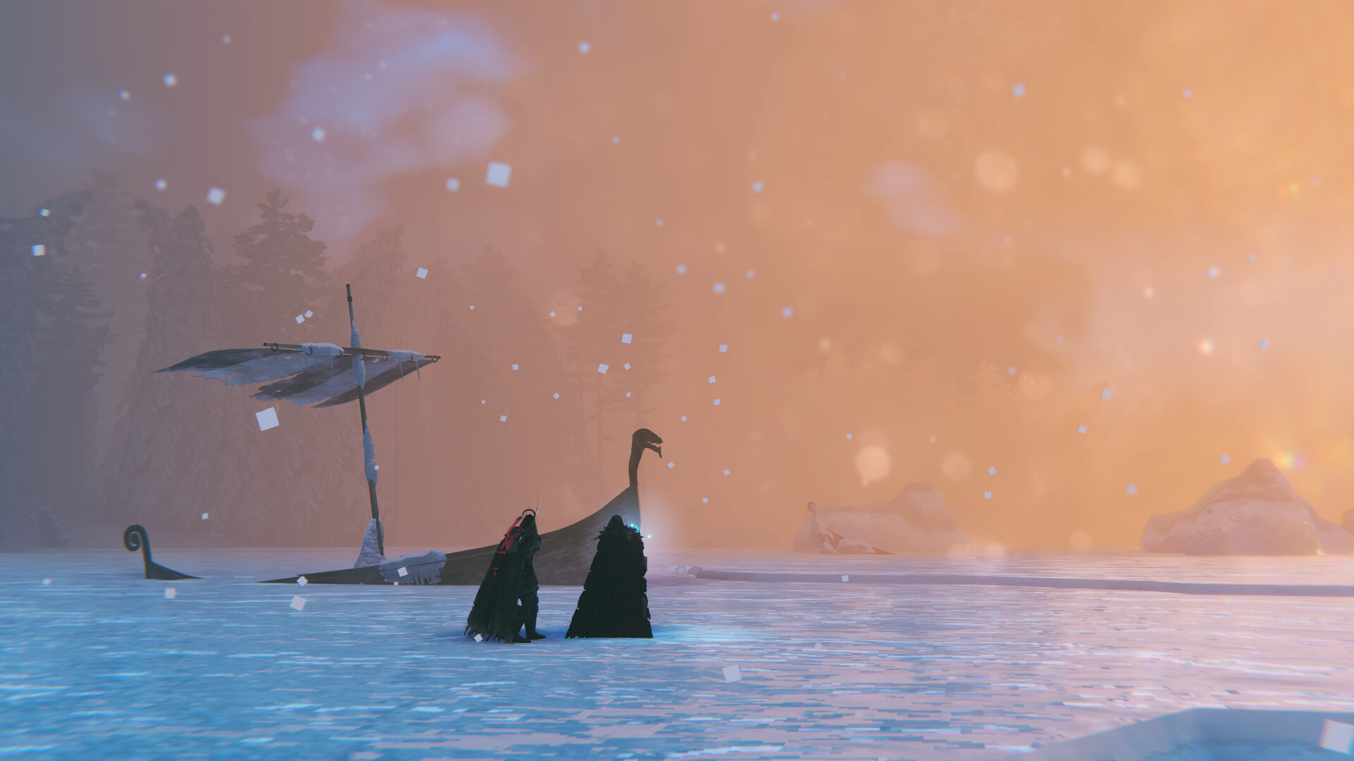 Two Vikings stand beside a longship on a frozen Valheim sea in an official screenshot