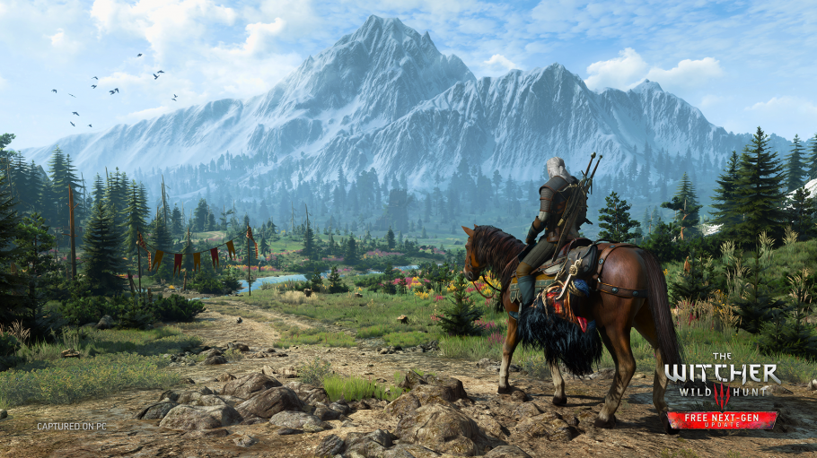 Geralt riding through the mountains in an official The Witcher 3 screenshot
