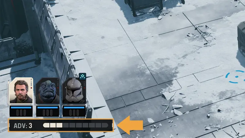 Squad portraits and the shared Advantage meter showing three points
