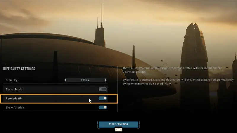 Campaign difficulty settings with the Permadeath option enabled